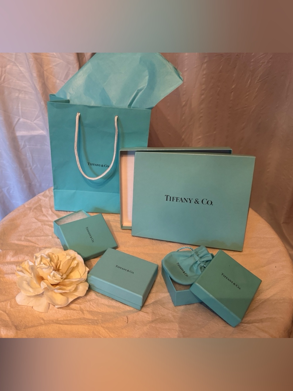 Tiffany & Co. 4 Gift Boxes w/ Drawstring Bag, Shopping Bag
